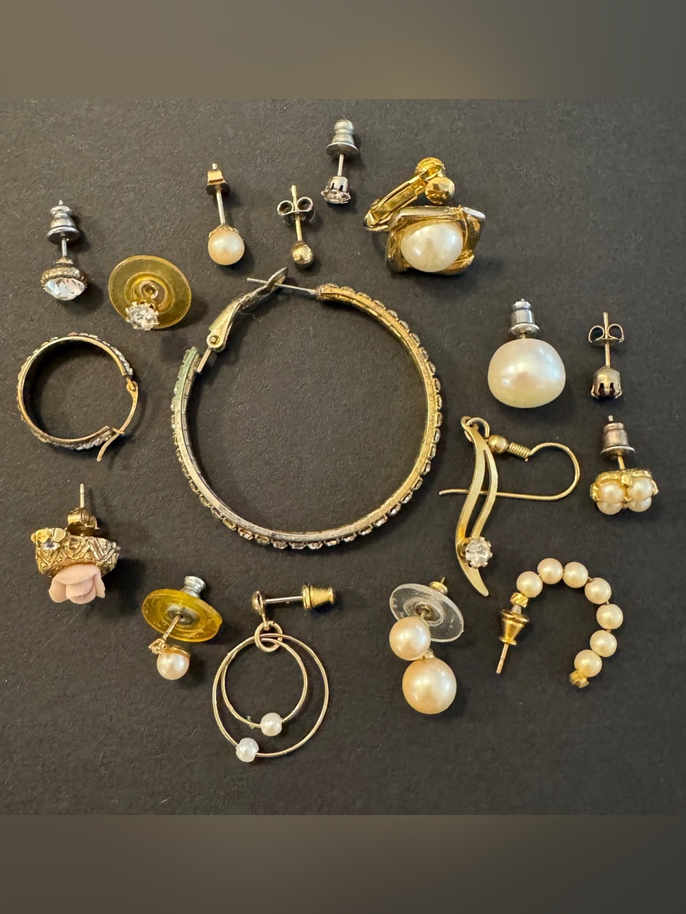 Vintage Costume Jewelry Craft Lot 17 Single Earrings Rhinestone Pearl Repair